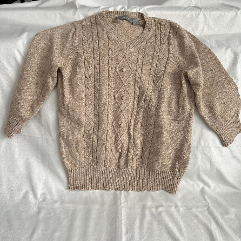 Liz Claiborne Womens XL Beige Cable Knit Pullover Sweater V-Neck Cotton Blend
